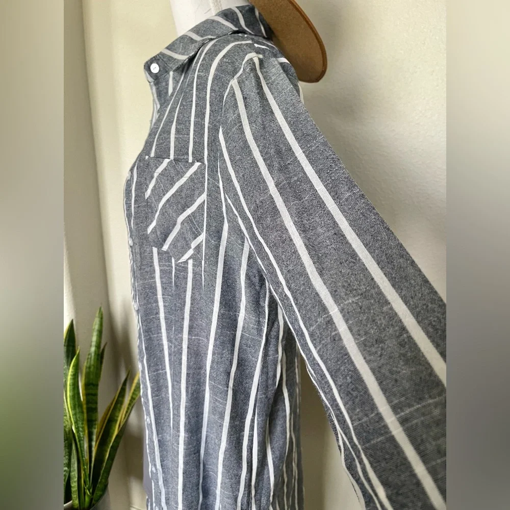 New - Striped Blue & White Sheer Swim Cover Up / Kimono / Button Up Shirt Dress - Picture 7 of 14